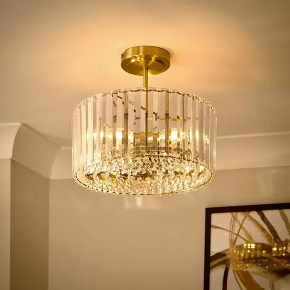3-Light Semi Flush Ceiling Light - Gold, Crystal