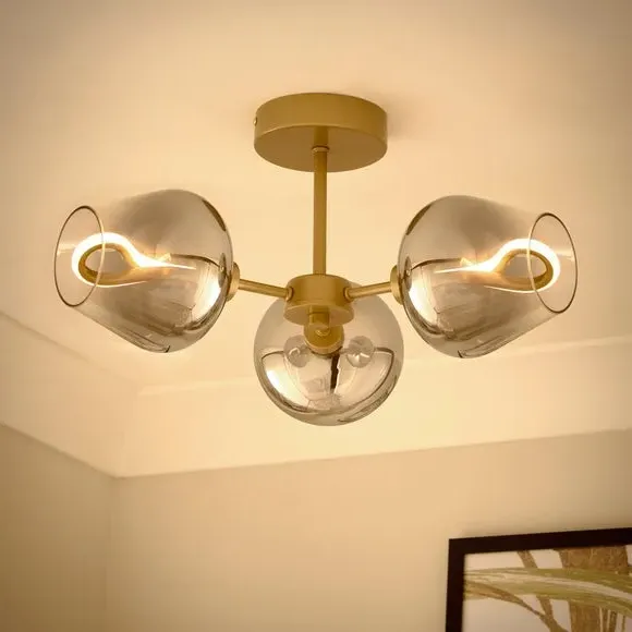 3-Light Semi Flush Ceiling Light - Gold, Glass