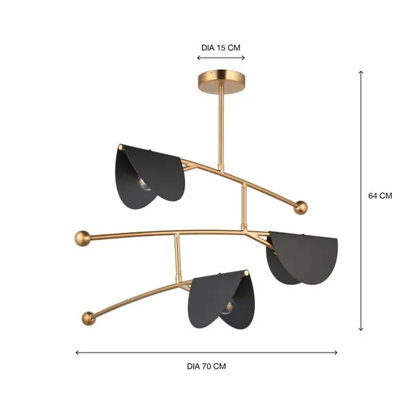 3 Light Semi Flush Ceiling Light - Gold, Metal