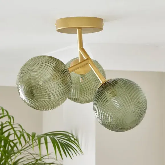3-Light Semi Flush Ceiling Light - Green, Glass