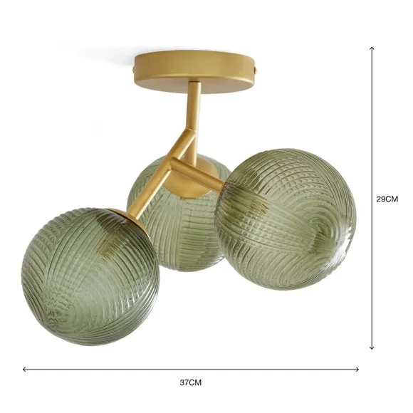 3-Light Semi Flush Ceiling Light - Green, Glass