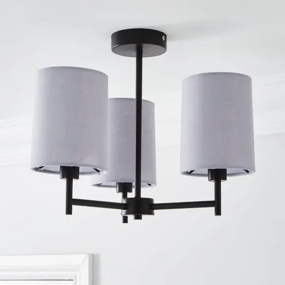3-Light Semi Flush Ceiling Light - Grey, Fabric
