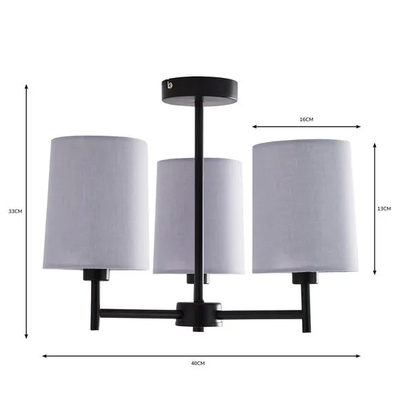 3-Light Semi Flush Ceiling Light - Grey, Fabric
