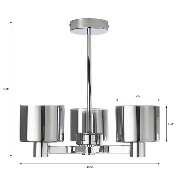 3-Light Semi Flush Ceiling Light - Grey, Metal