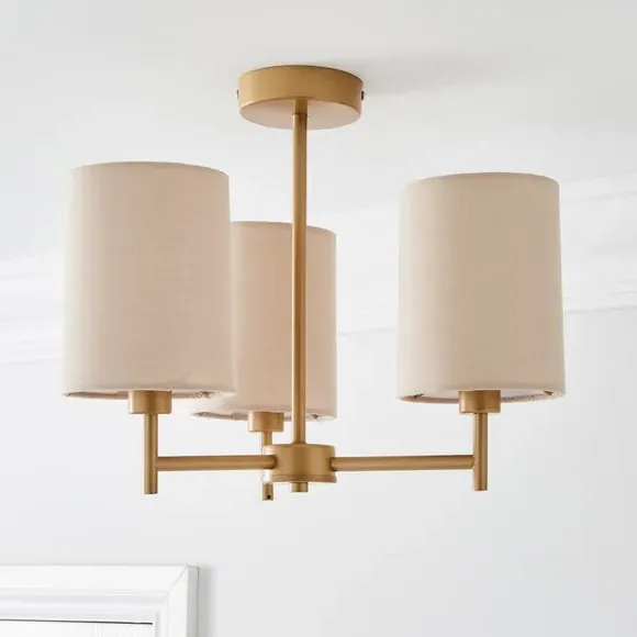 3-Light Semi Flush Ceiling Light - Natural, Fabric