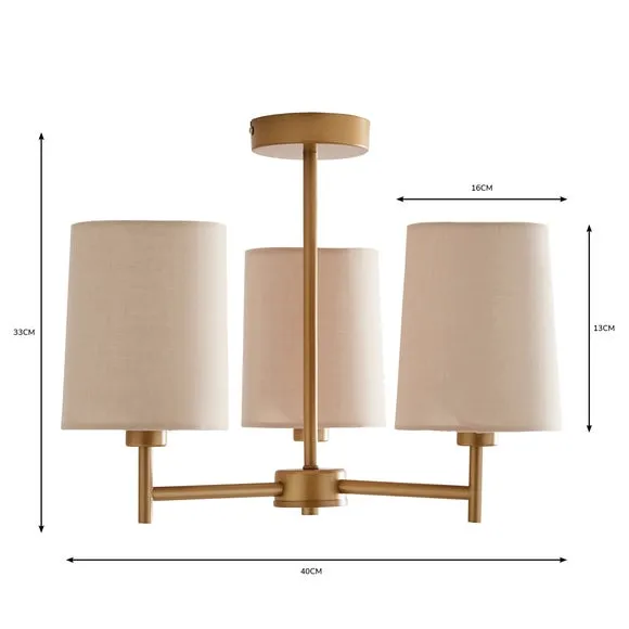 3-Light Semi Flush Ceiling Light - Natural, Fabric