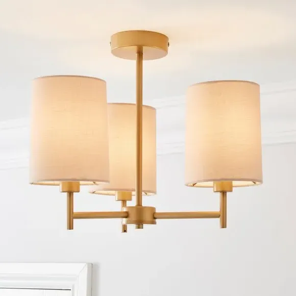 3-Light Semi Flush Ceiling Light - Natural, Fabric