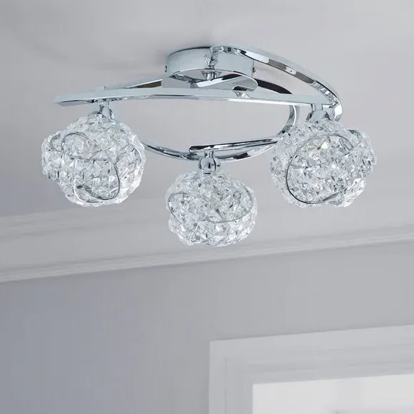 3-Light Semi Flush Ceiling Light - Silver, Crystal