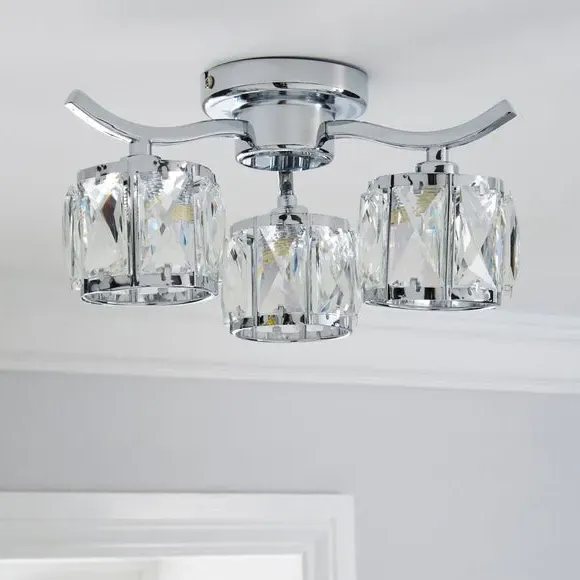 3-Light Semi Flush Ceiling Light - Silver, Glass