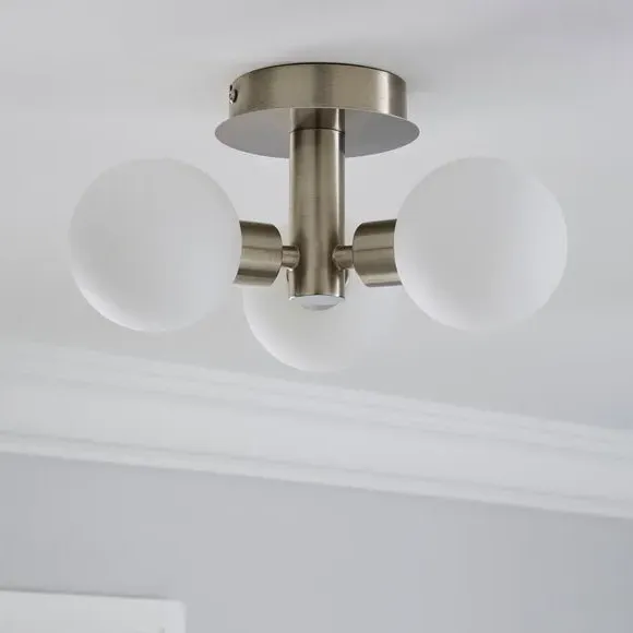 3 Light Semi Flush Ceiling Light - Silver, Glass