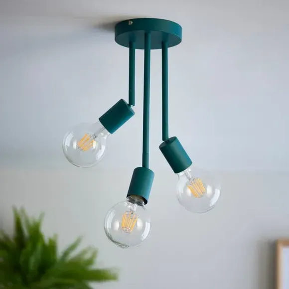 3-Light Semi Flush Ceiling Light - Teal, Matt