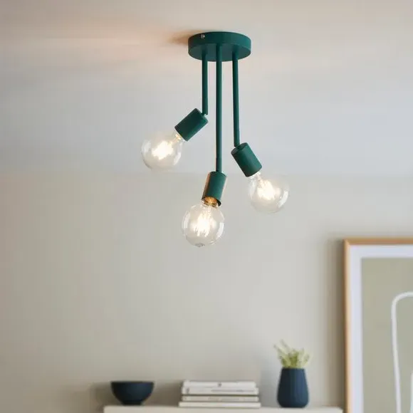 3-Light Semi Flush Ceiling Light - Teal, Matt