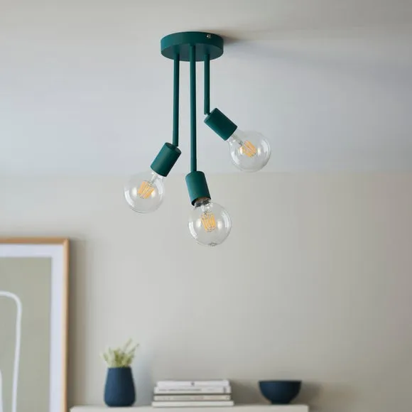 3-Light Semi Flush Ceiling Light - Teal, Matt