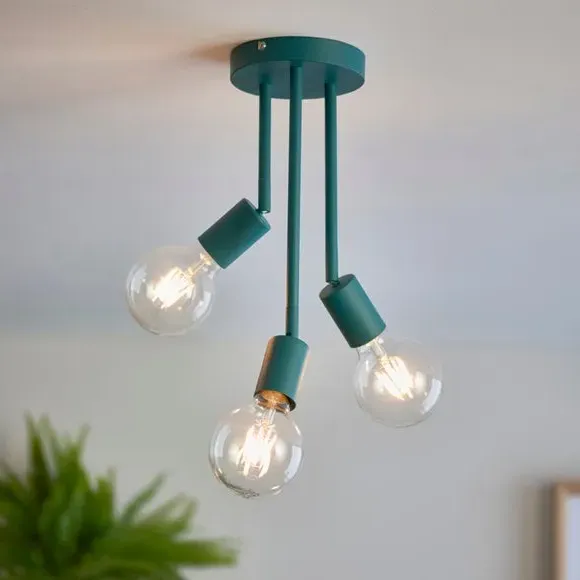 3-Light Semi Flush Ceiling Light - Teal, Matt