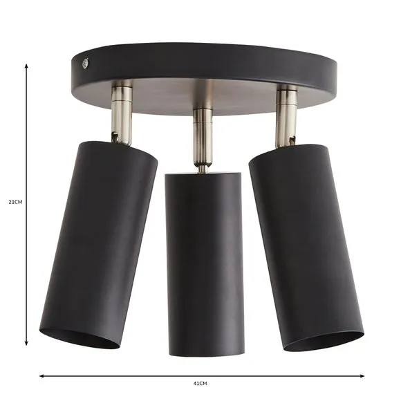 3-Light Semi Flush Spotlight - Black, Metal