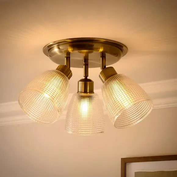 3-Light Semi Flush Spotlight - Brass, Ribbed