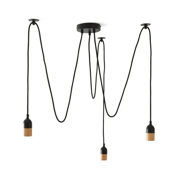 3-Light Spider Ceiling Light - Black, Wood Effect