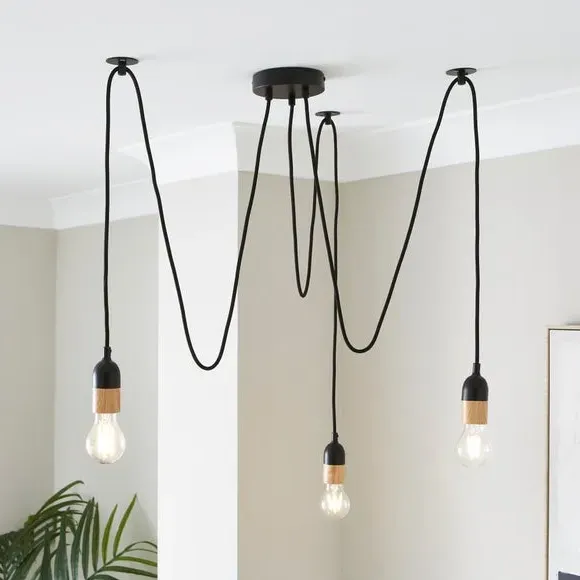 3-Light Spider Ceiling Light - Black, Wood Effect image