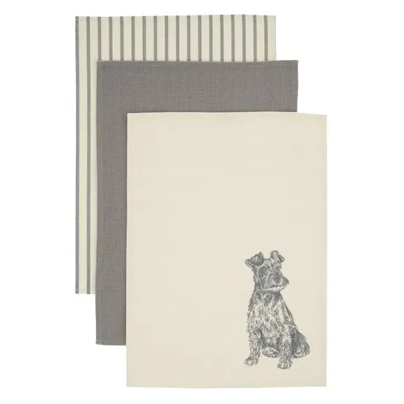 3-Pack Tea Towels with Dog Print - Natural Cotton