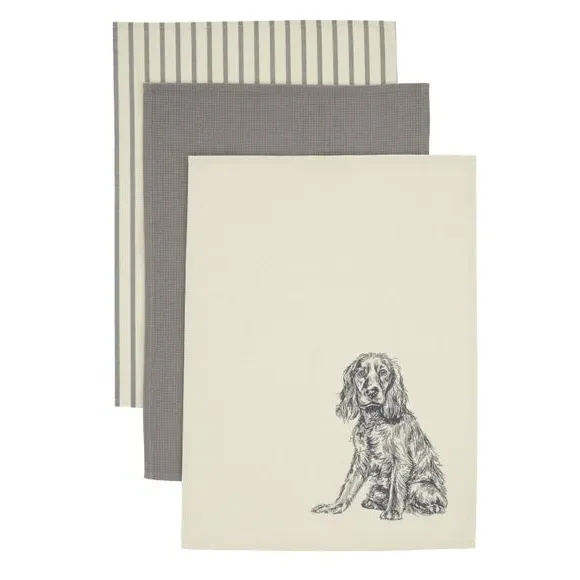 3-Pack Tea Towels with Dog Print - Natural Cotton