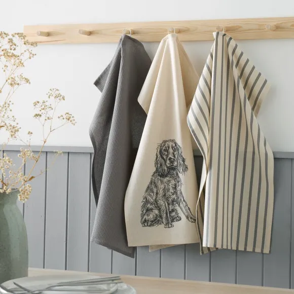 3-Pack Tea Towels with Dog Print - Natural Cotton image