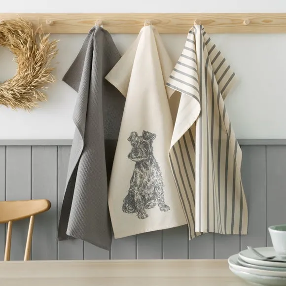 3-Pack Tea Towels with Dog Print - Natural Cotton image