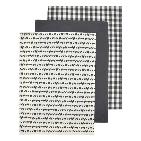 3-Pack Tea Towels with Hearts Print - Grey image