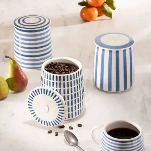 3-Piece Canister Set Tea Coffee Sugar - Blue, Stoneware