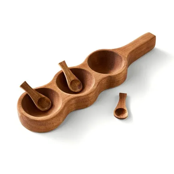 3-Piece Condiment Pot Set - Brown, Acacia Wood