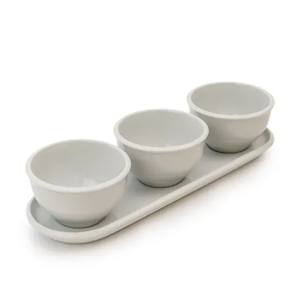3-Piece Dip Bowl Set with Platter - White