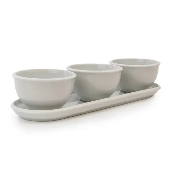 3-Piece Dip Bowl Set with Platter - White