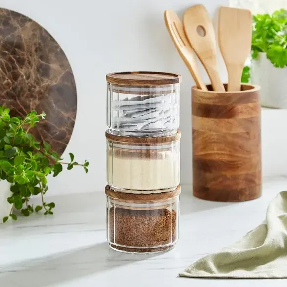 3-Piece Glass Storage Jars - Clear, Acacia image