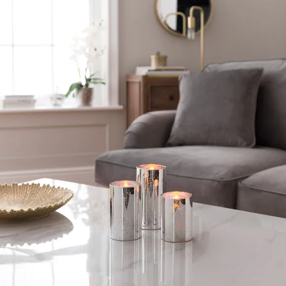3-Piece LED Pillar Candles - Silver, Glass
