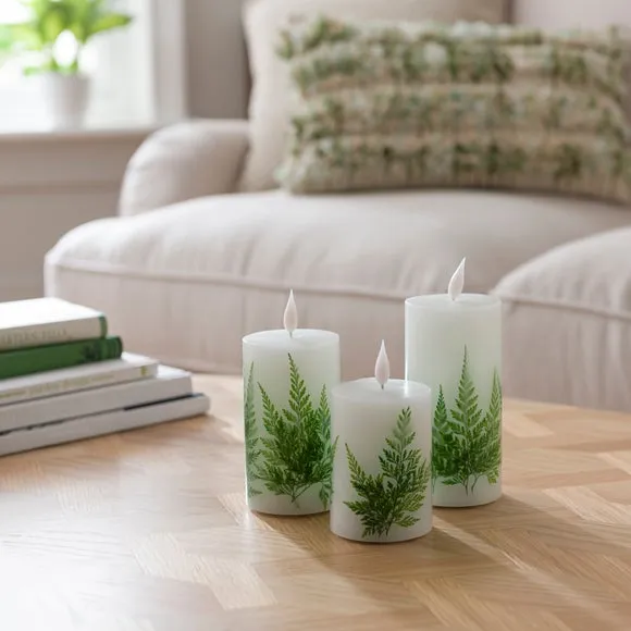 3-Piece LED Pillar Candles with Fern - White