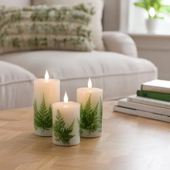 3-Piece LED Pillar Candles with Fern - White image