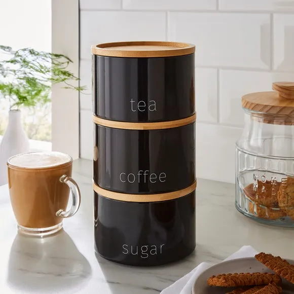 3-Piece Stacking Canisters - Black, Steel image