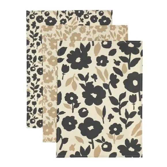 3-Piece Tea Towel Set Floral - Black/White Cotton