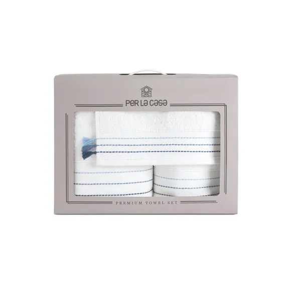 3-Piece Towel Set with Embroidery - Blue, Cotton