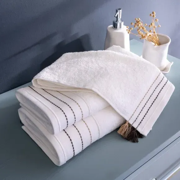 3-Piece Towel Set with Embroidery - Brown, Cotton