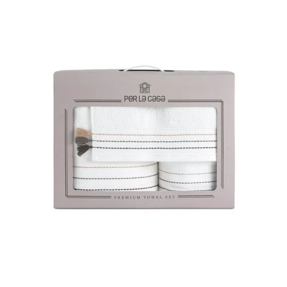 3-Piece Towel Set with Embroidery - Brown, Cotton