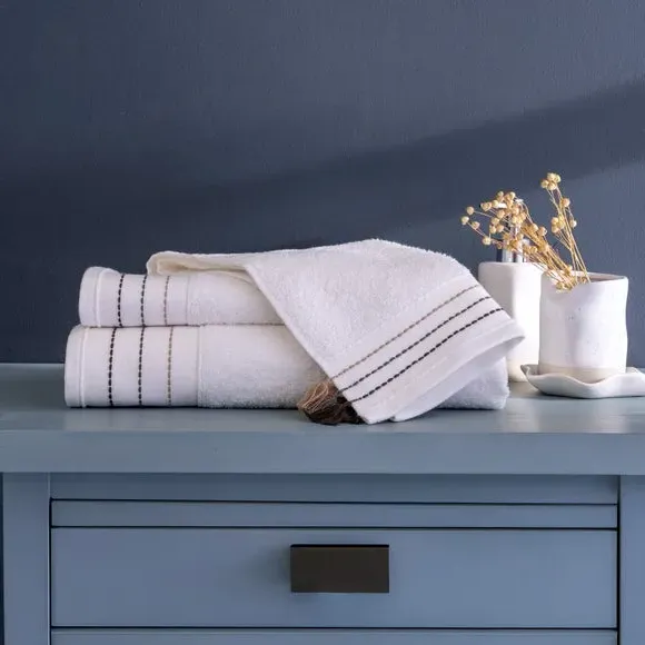 3-Piece Towel Set with Embroidery - Brown, Cotton