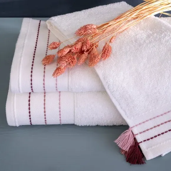 3-Piece Towel Set with Embroidery - Pink, Cotton