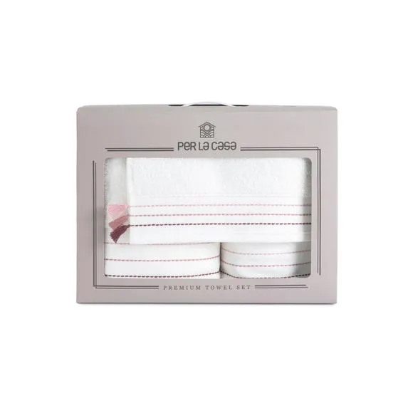 3-Piece Towel Set with Embroidery - Pink, Cotton