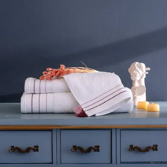 3-Piece Towel Set with Embroidery - Pink, Cotton