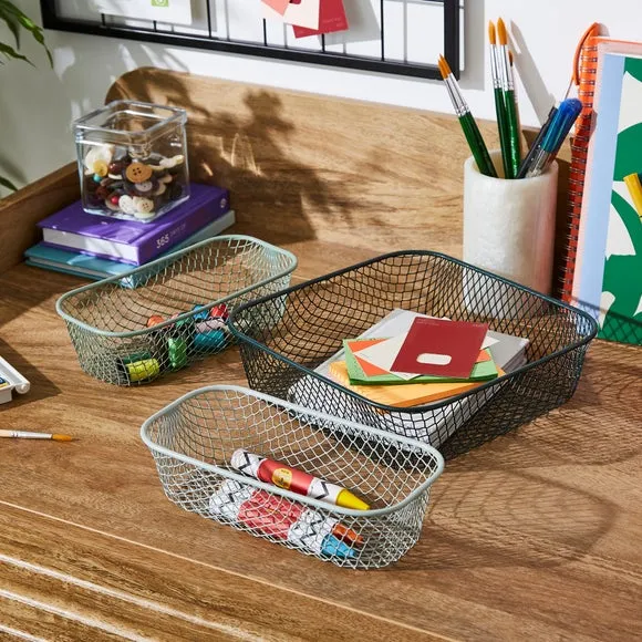 3-Piece Wire Storage Baskets - Green, Metal image