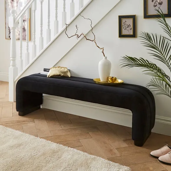 3-Seater Dining Bench with Curved Detail - Black, Velvet