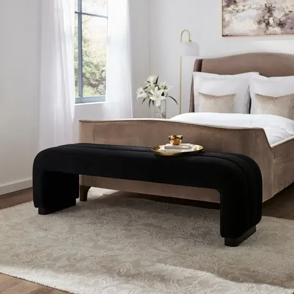 3-Seater Dining Bench with Curved Detail - Black, Velvet