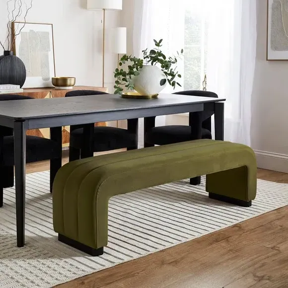 3-Seater Dining Bench with Curved Detail - Olive, Velvet