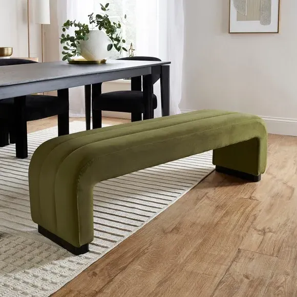 3-Seater Dining Bench with Curved Detail - Olive, Velvet