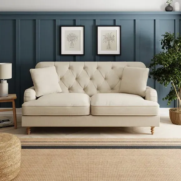 3-Seater Sofa Bed with Buttons - Natural, Fabric